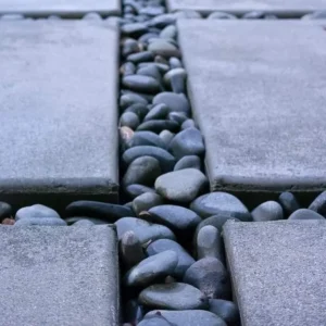 ممر حديقة مزين بالزلط الأسود مع بلاطات خرسانية للمشي