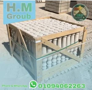 صندوق خشبي يحتوي على برامق رخامية بيضاء جاهزة للتصدير من شركة الحجر الهاشمة